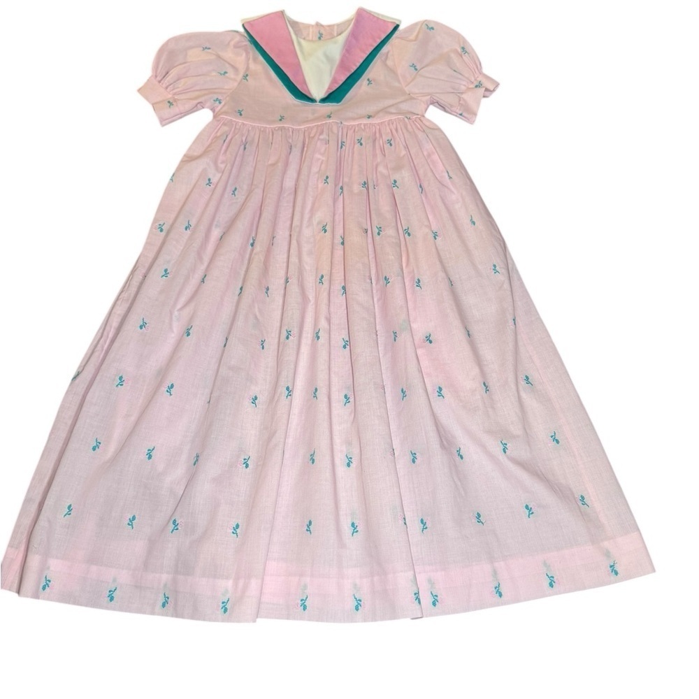 Pink and teal Vintage Girls Bib Floral Dress Cottage-core Retro